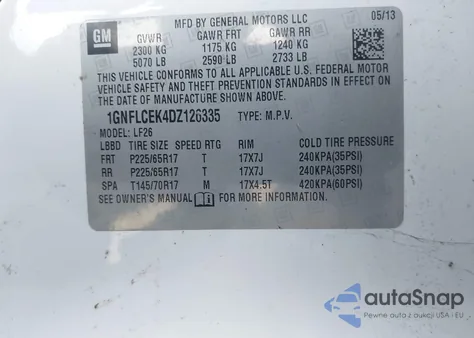 2013 Chevrolet Equinox Ls z USA, uszkodzony, nr VIN 1GNFLCEK4DZ126335